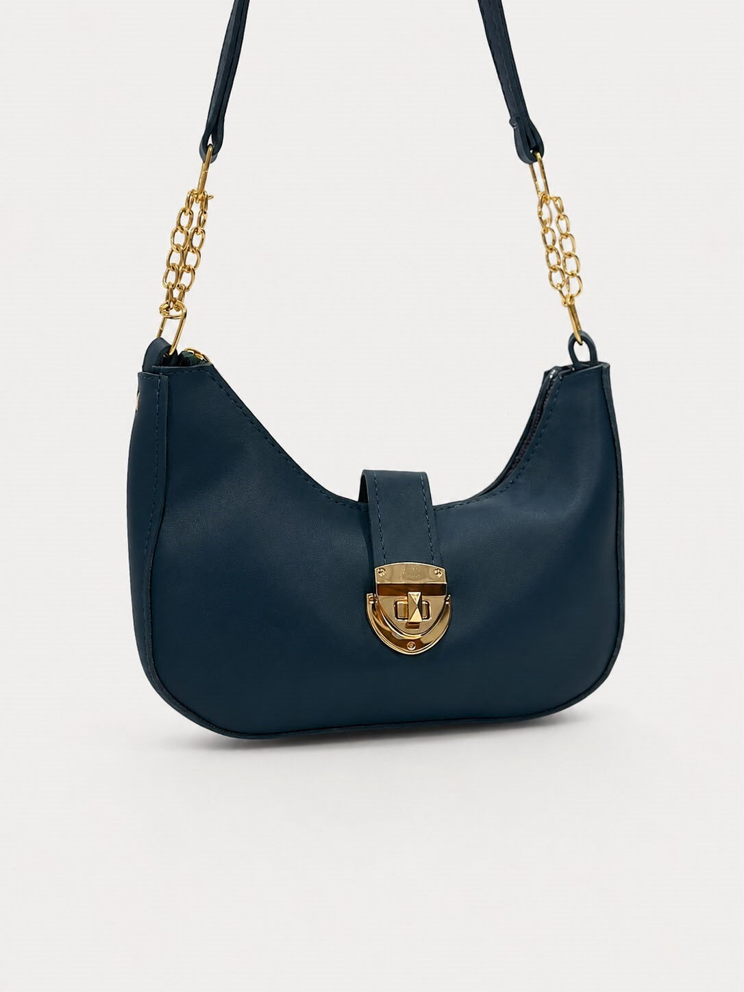 Crescent Shoulder Bag with Gold Chain Strap & Buckle Lock – Green