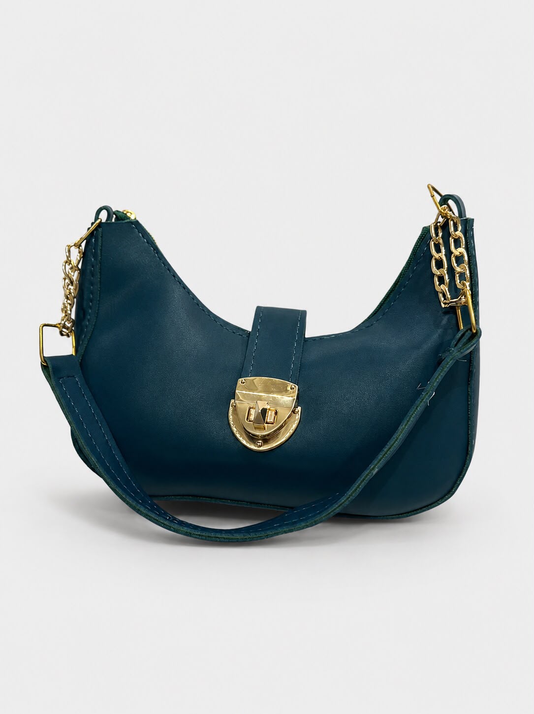 Crescent Shoulder Bag with Gold Chain Strap & Buckle Lock – Green