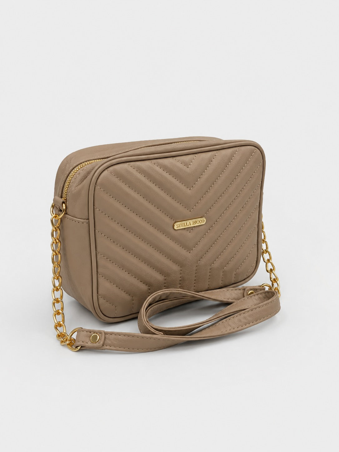 Quilted Crossbody Bag with Gold Chain Strap – Beige