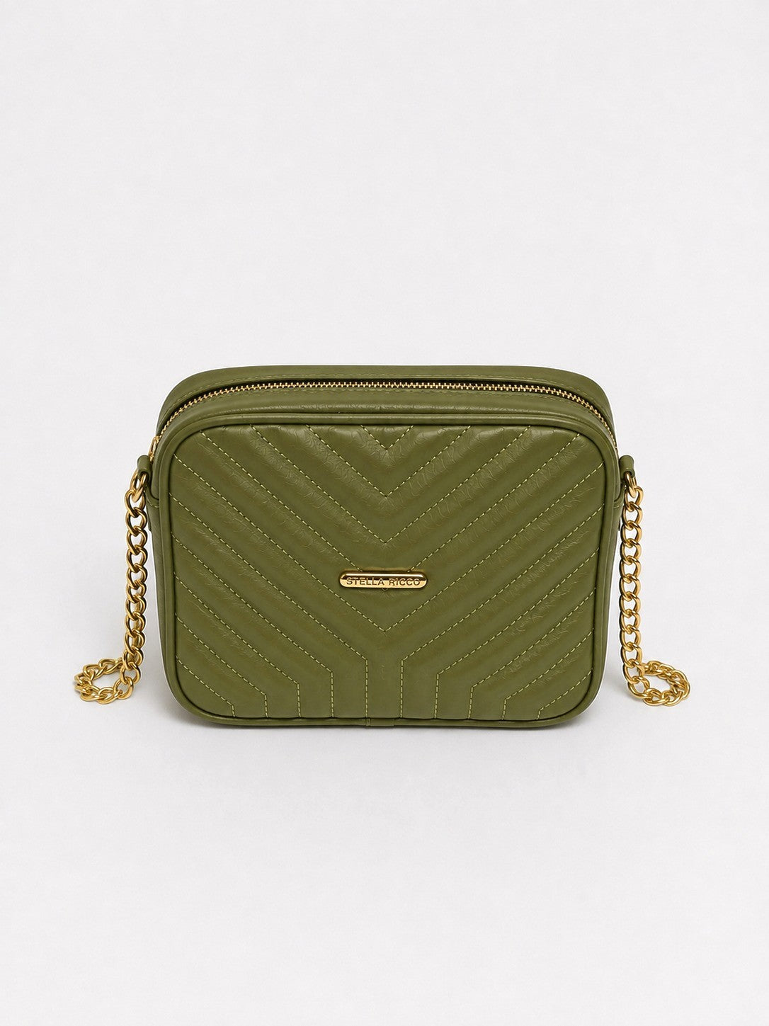 Quilted Crossbody Bag with Gold Chain Strap – Olive