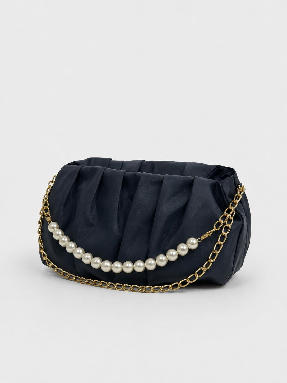 Pleated Satin Shoulder Bag with Pearl Chain Detail & Gold Chain Strap – Navy