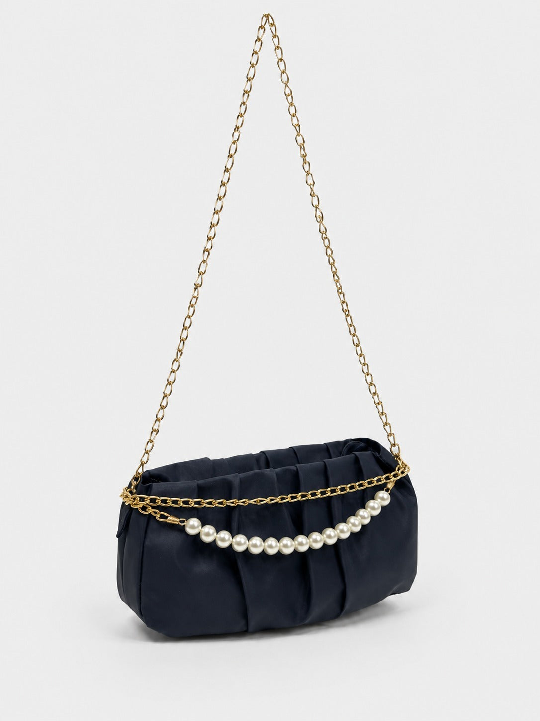 Pleated Satin Shoulder Bag with Pearl Chain Detail & Gold Chain Strap – Navy