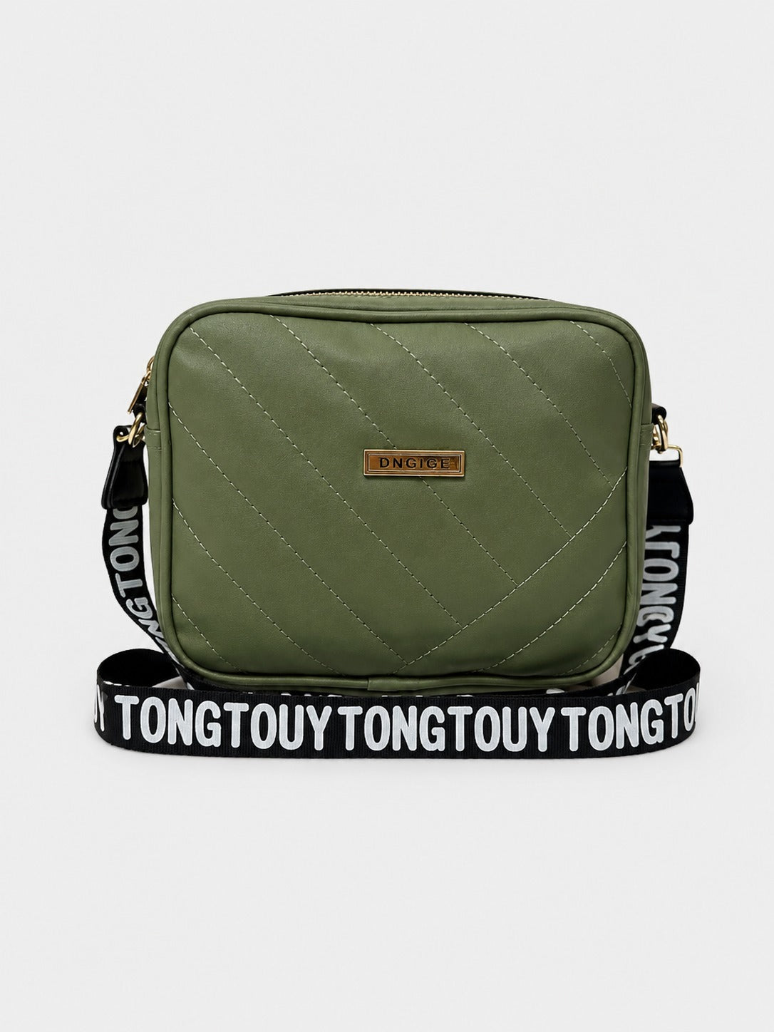 Quilted Square Crossbody Bag with Adjustable Logo Strap-olive 