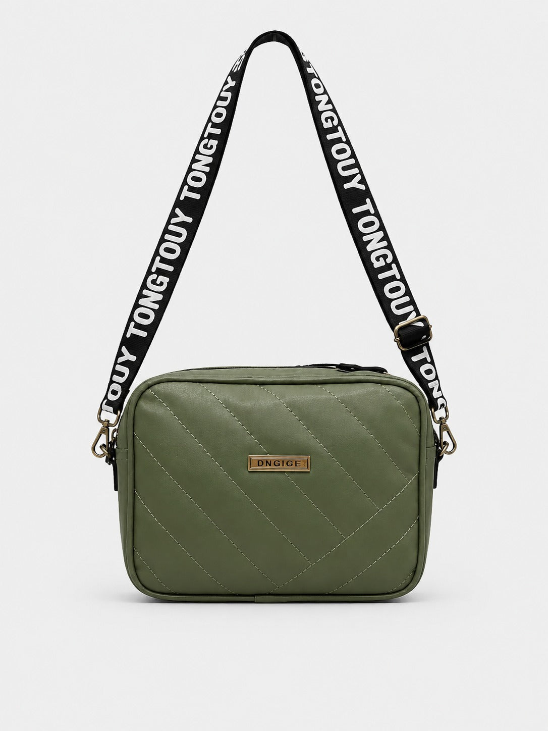 Quilted Square Crossbody Bag with Adjustable Logo Strap-olive