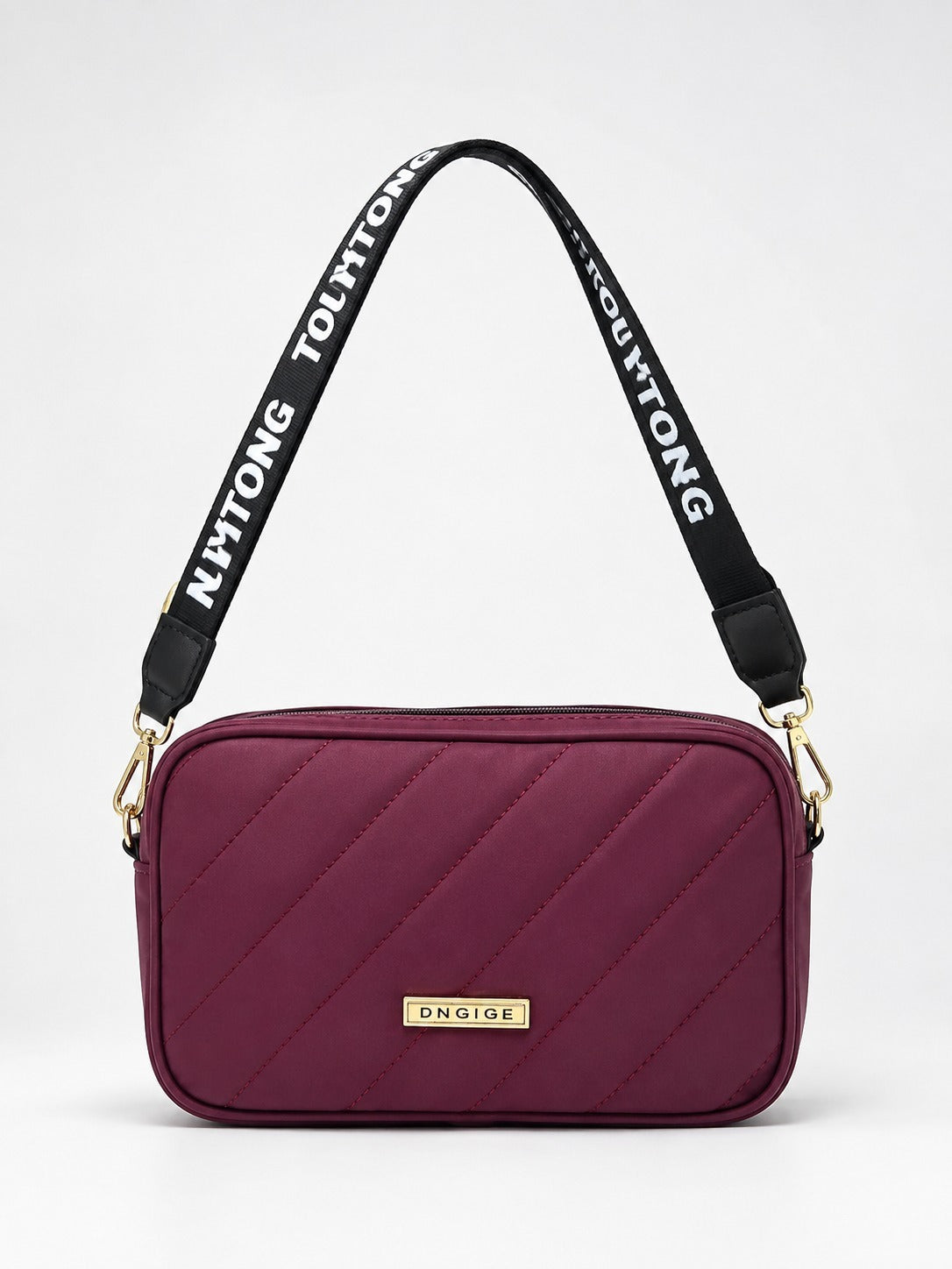 Quilted Square Crossbody Bag with Adjustable Logo Strap-Maroon