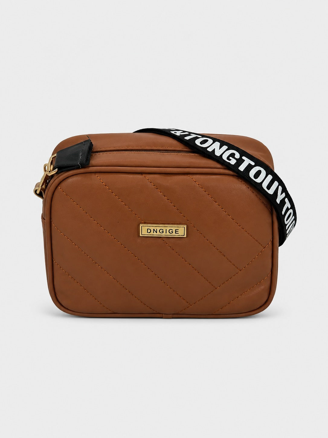 Quilted Square Crossbody Bag with Adjustable Logo Strap-Brown