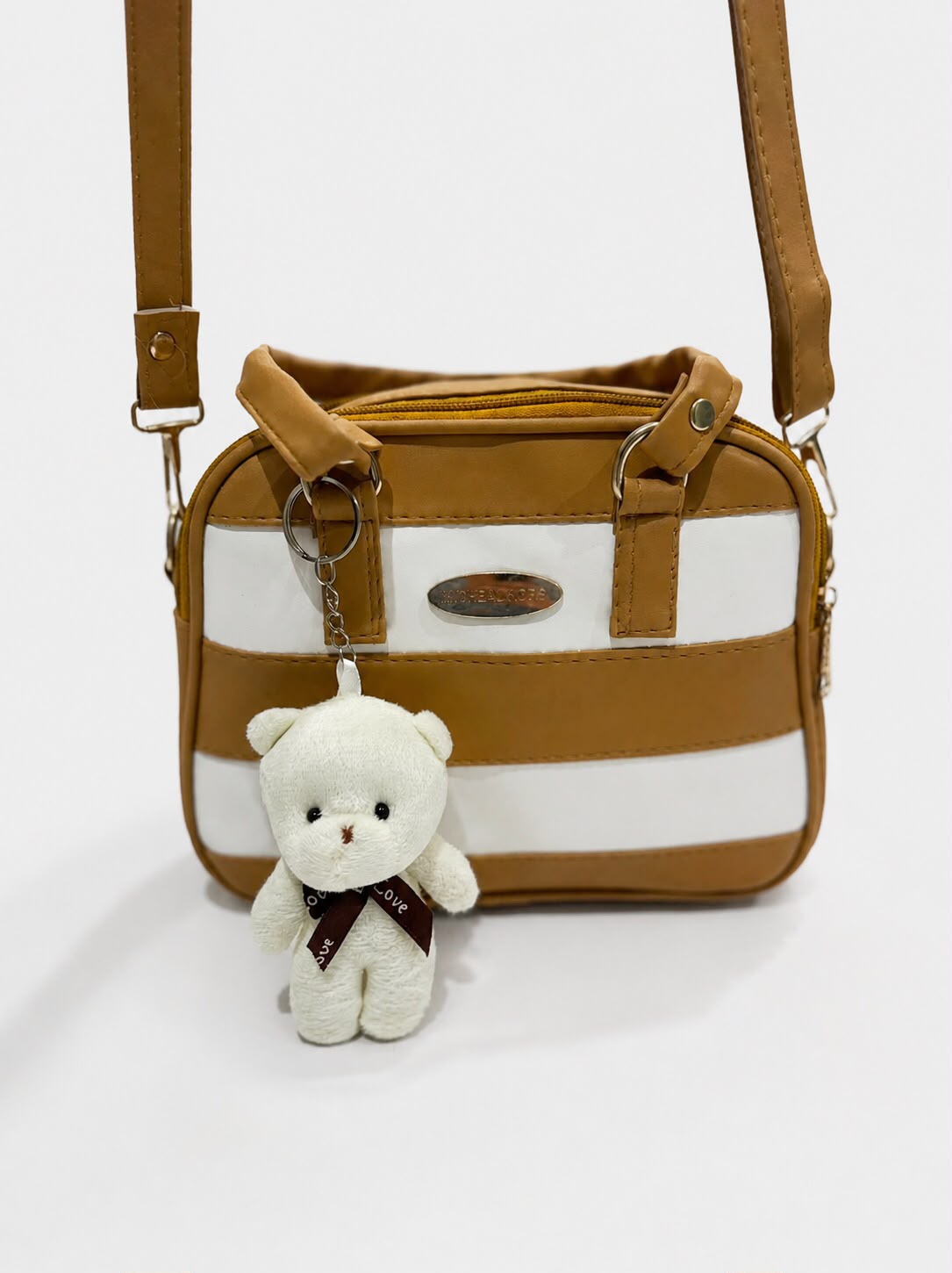 Stripe Design Bear Keychain-Crossbody Bag
