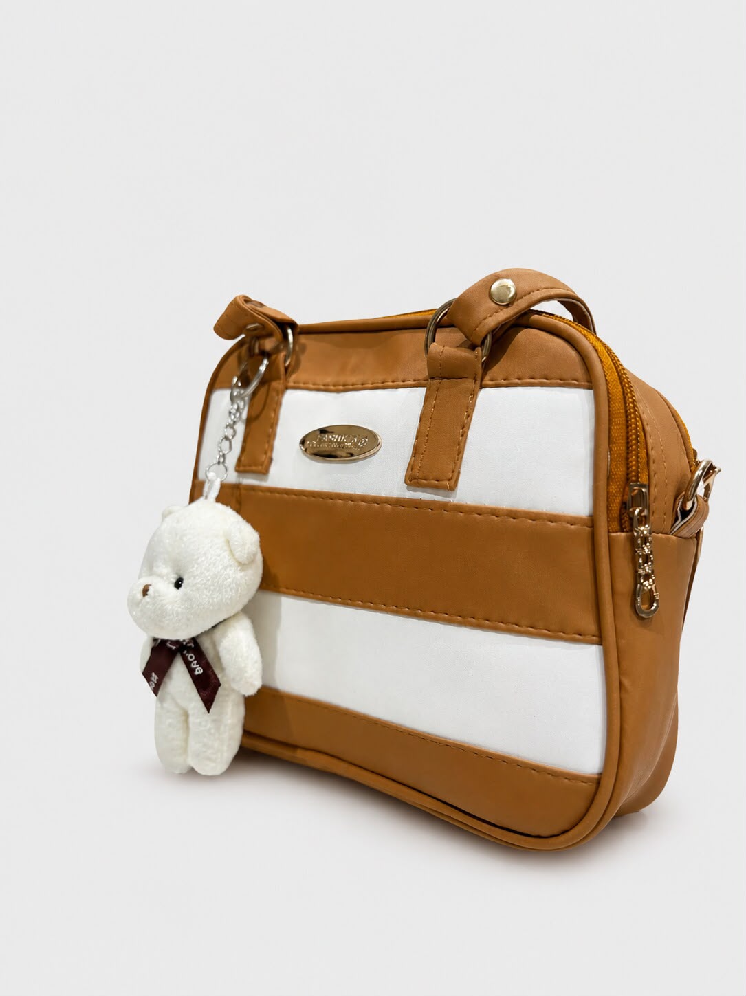 Stripe Design Bear Keychain-Crossbody Bag