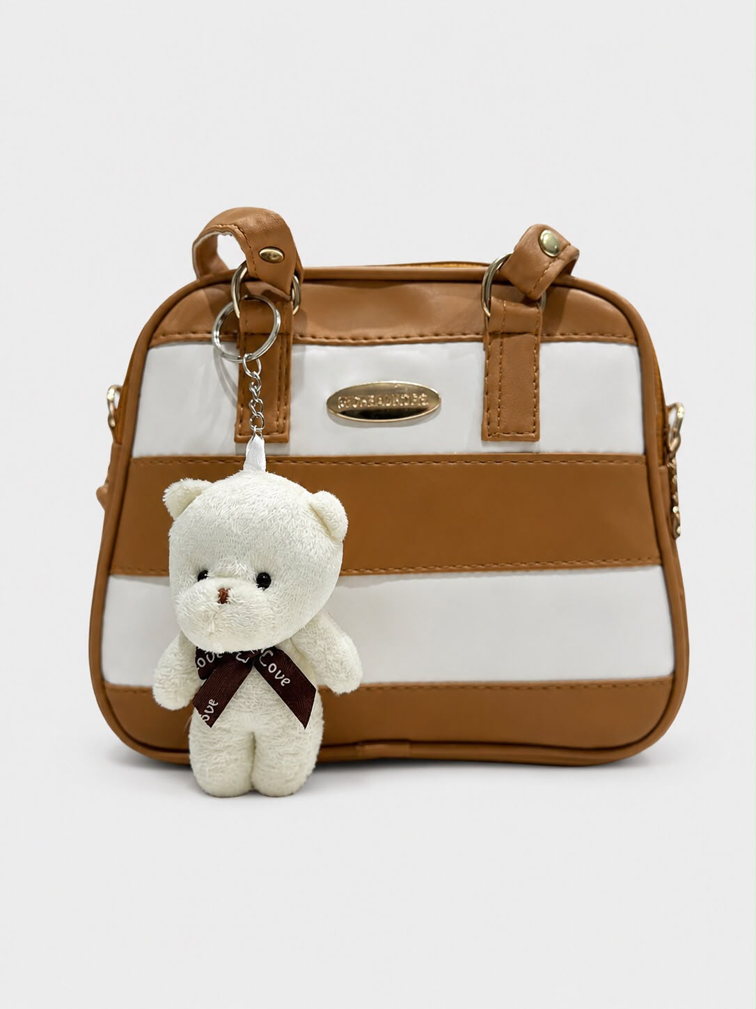 Stripe Design Bear Keychain-Crossbody Bag