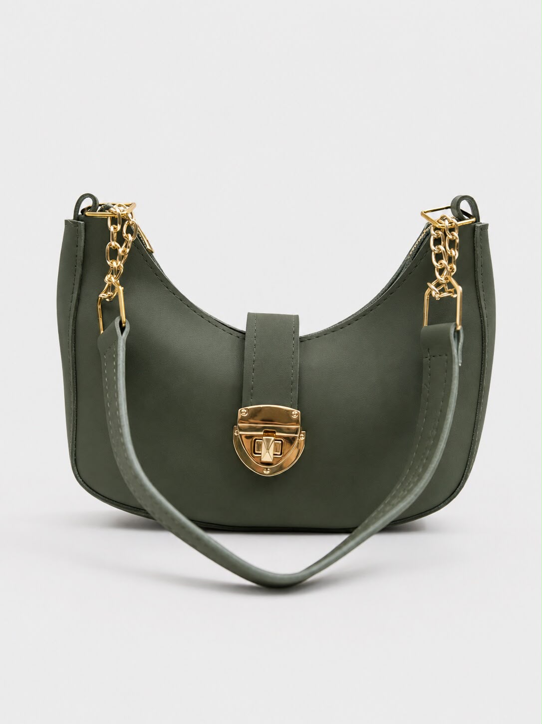 Crescent Shoulder Bag with Gold Chain Strap & Buckle Lock  – Olive