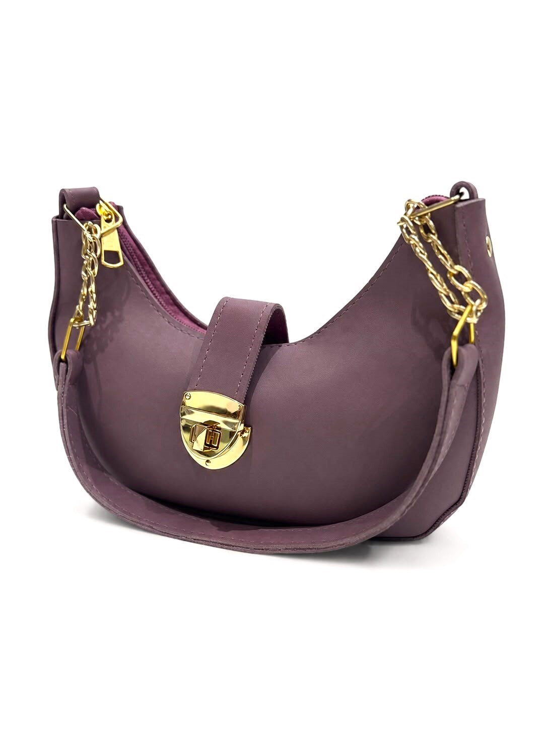 Crescent Shoulder Bag with Gold Chain Strap & Buckle Lock – Lavender
