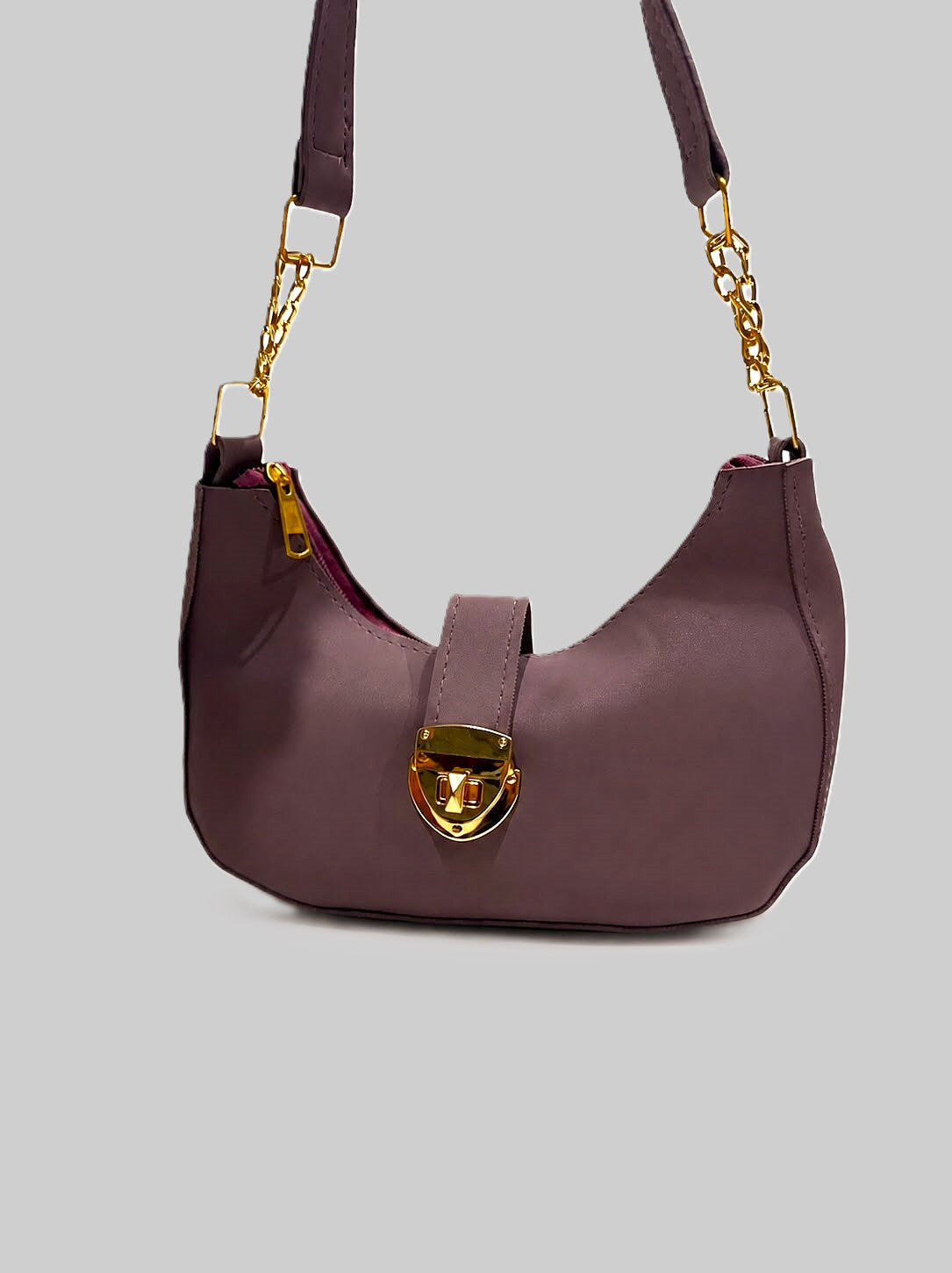 Crescent Shoulder Bag with Gold Chain Strap & Buckle Lock – Lavender