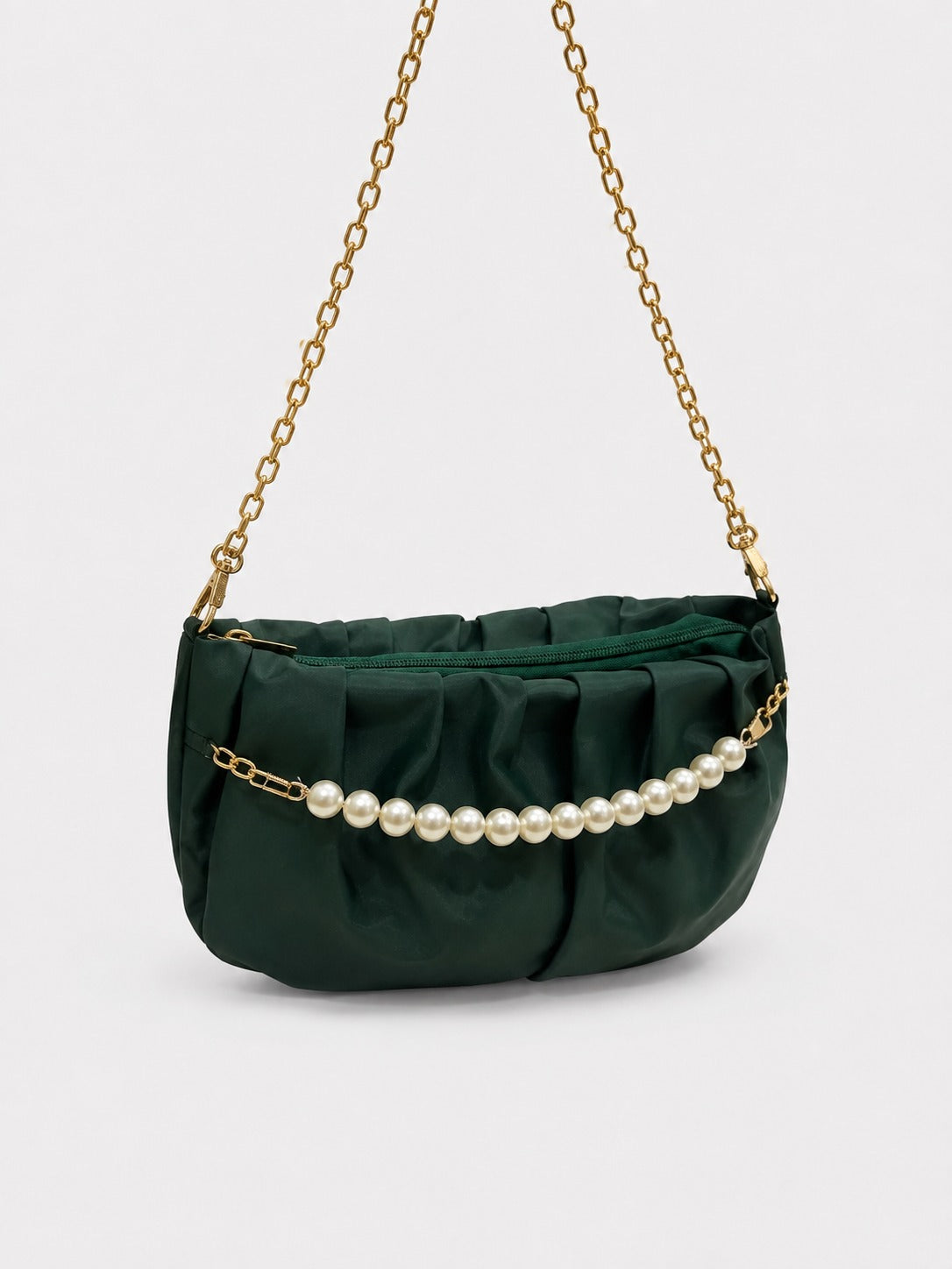 Pleated Satin Shoulder Bag with Pearl Chain Detail Gold Chain Strap-green