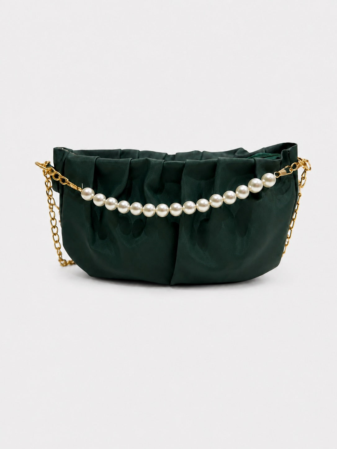 Pleated Satin Shoulder Bag with Pearl Chain Detail Gold Chain Strap-green