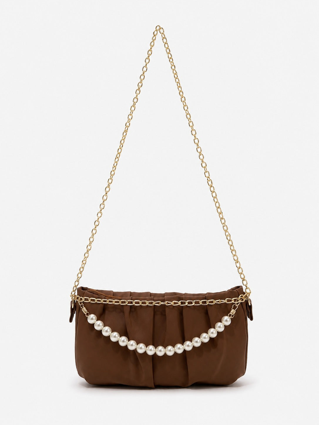 Pleated Satin Shoulder Bag with Pearl Chain Detail & Gold Chain Strap -Brown