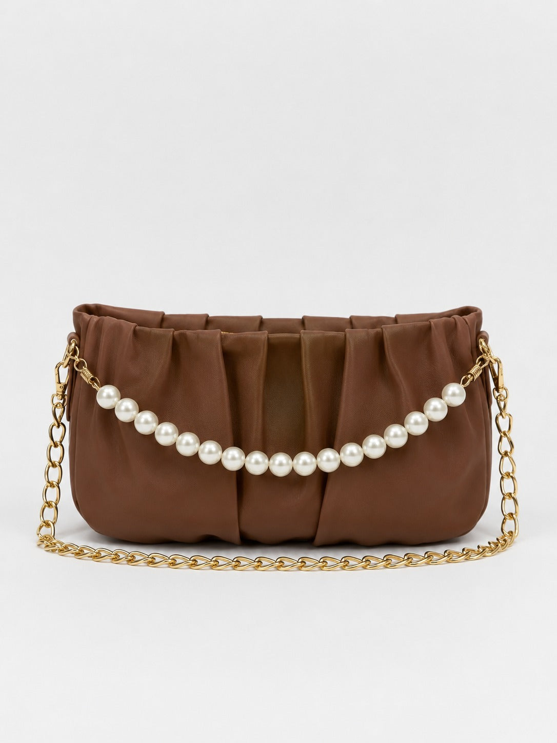Pleated Satin Shoulder Bag with Pearl Chain Detail & Gold Chain Strap -Brown 