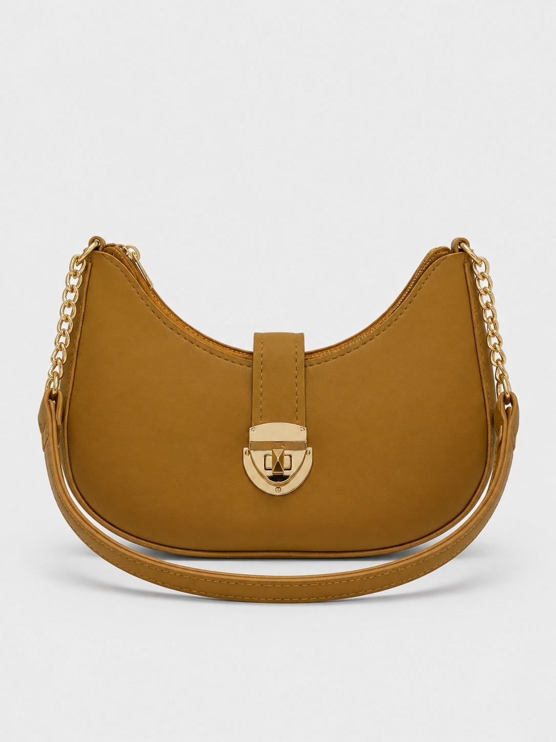 Crescent Shoulder Bag with Gold Chain Strap & Buckle Lock – Beige 