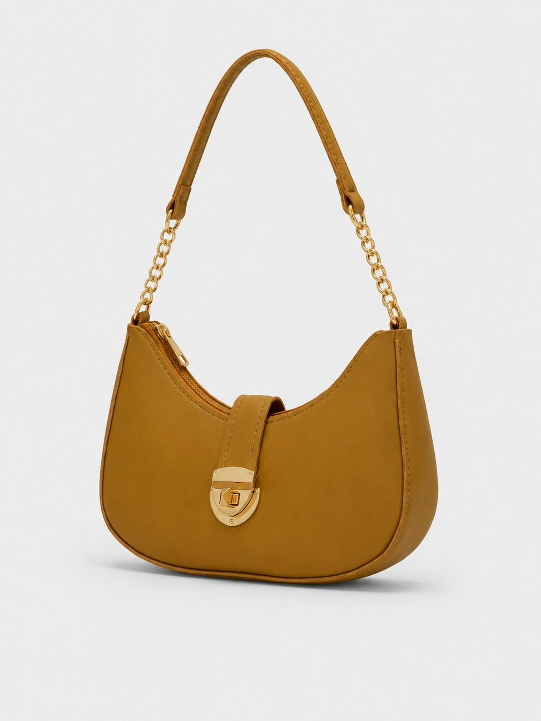 Crescent Shoulder Bag with Gold Chain Strap & Buckle Lock – Beige 