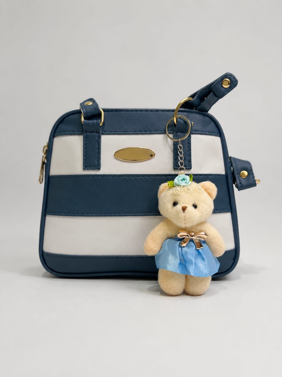  Stripe Design Bear Keychain Crossbody Bag – Blue 