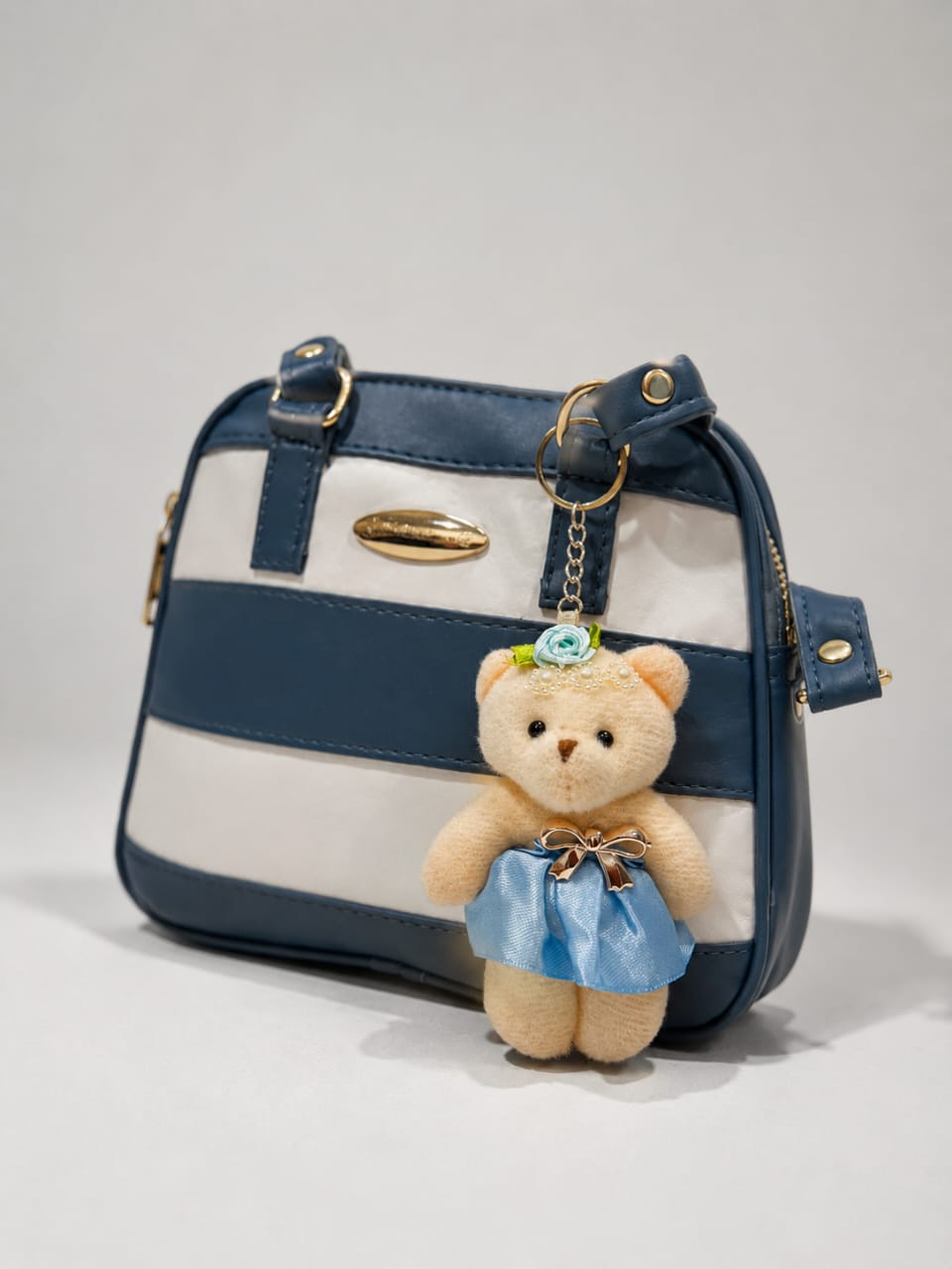  Stripe Design Bear Keychain Crossbody Bag – Blue 