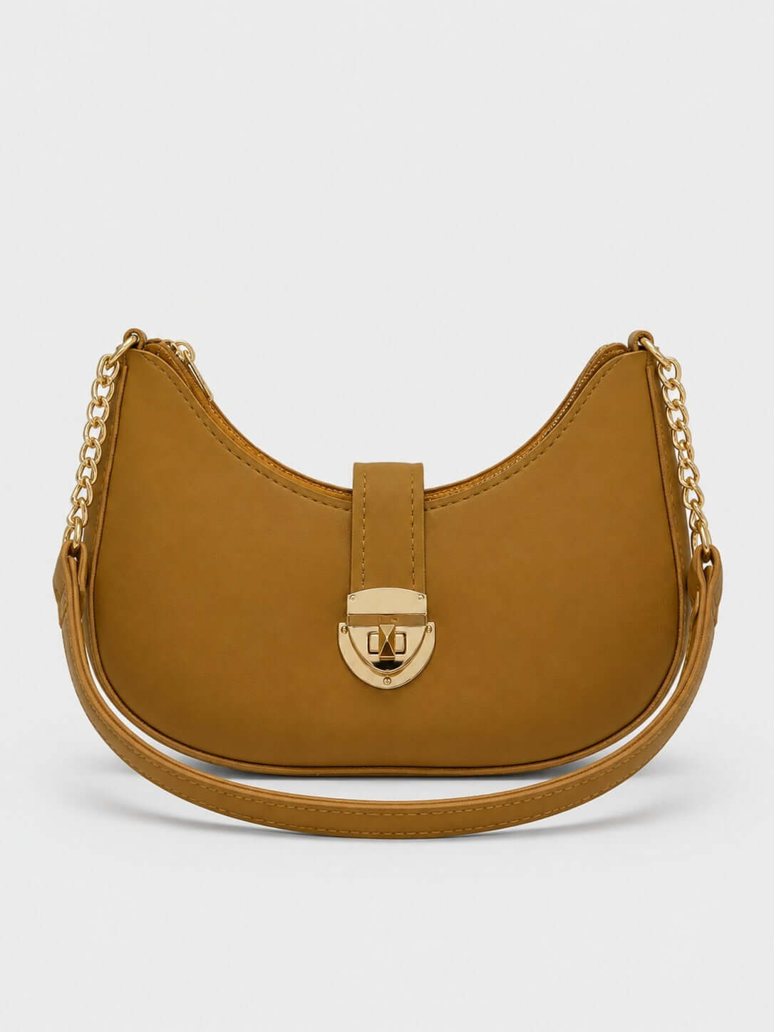 Crescent Shoulder Bag with Gold Chain Strap & Buckle Lock – Beige - ainfonline