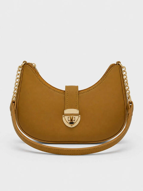 Crescent Shoulder Bag with Gold Chain Strap & Buckle Lock – Beige - ainfonline