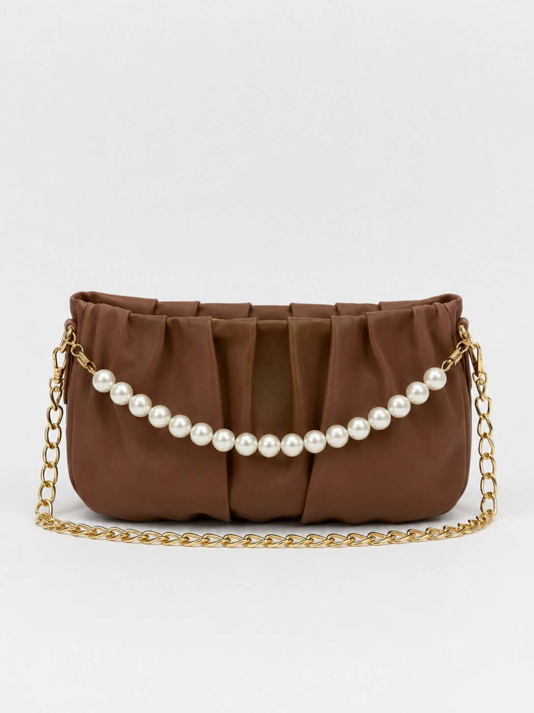 Pleated Satin Shoulder Bag with Pearl Chain Detail & Gold Chain Strap -Brown - ainfonline