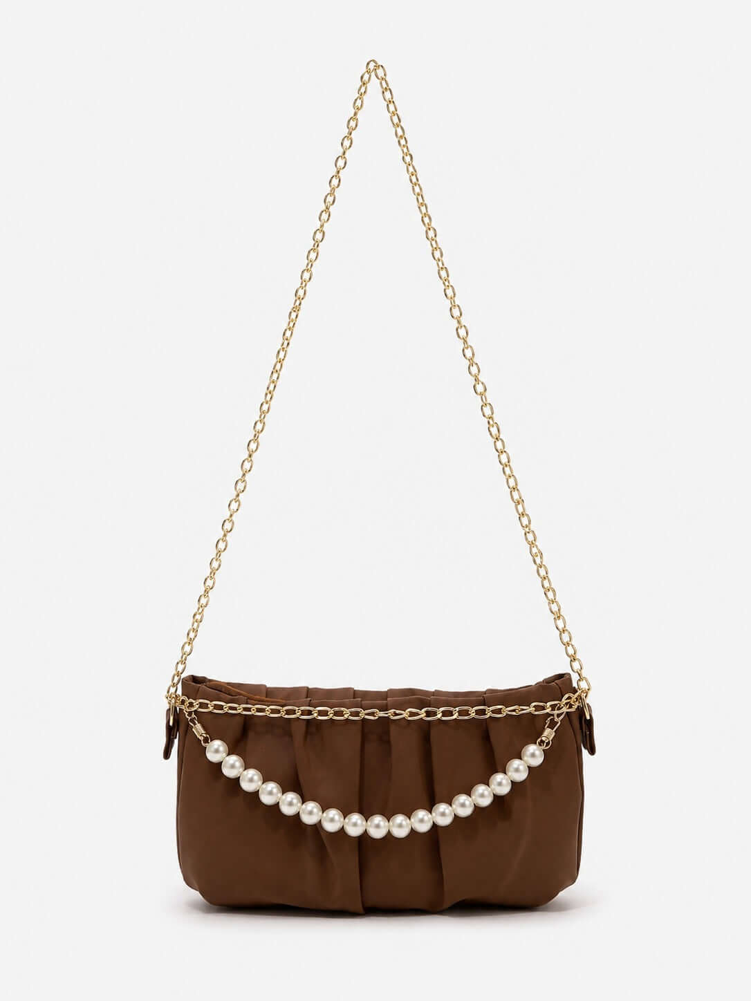 Pleated Satin Shoulder Bag with Pearl Chain Detail & Gold Chain Strap -Brown - ainfonline