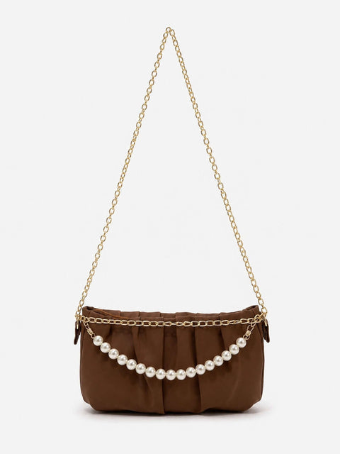 Pleated Satin Shoulder Bag with Pearl Chain Detail & Gold Chain Strap -Brown - ainfonline