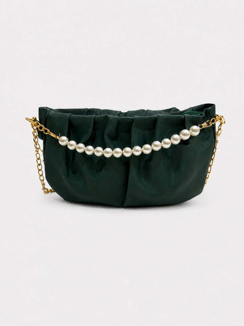 Pleated Satin Shoulder Bag with Pearl Chain Detail Gold Chain Strap-green - ainfonline