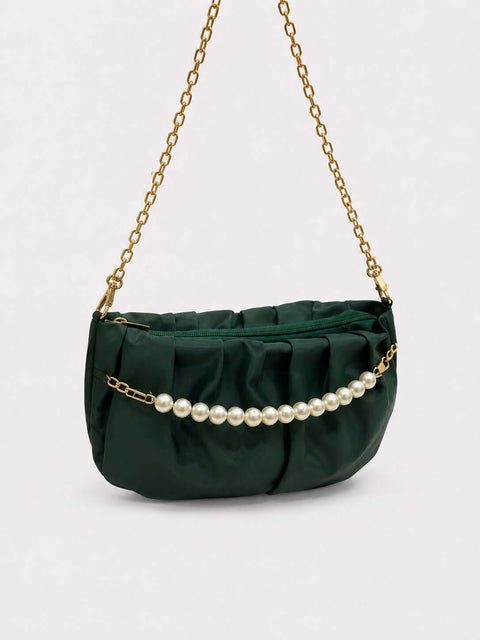 Pleated Satin Shoulder Bag with Pearl Chain Detail Gold Chain Strap-green - ainfonline