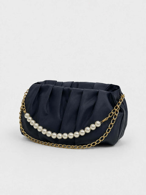 Pleated Satin Shoulder Bag with Pearl Chain Detail & Gold Chain Strap – Navy - ainfonline