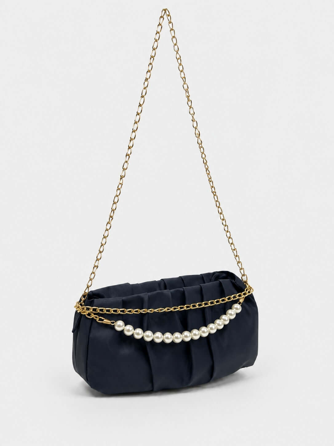 Pleated Satin Shoulder Bag with Pearl Chain Detail & Gold Chain Strap – Navy - ainfonline