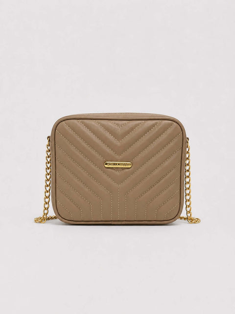 Quilted Crossbody Bag with Gold Chain Strap – Beige - ainfonline