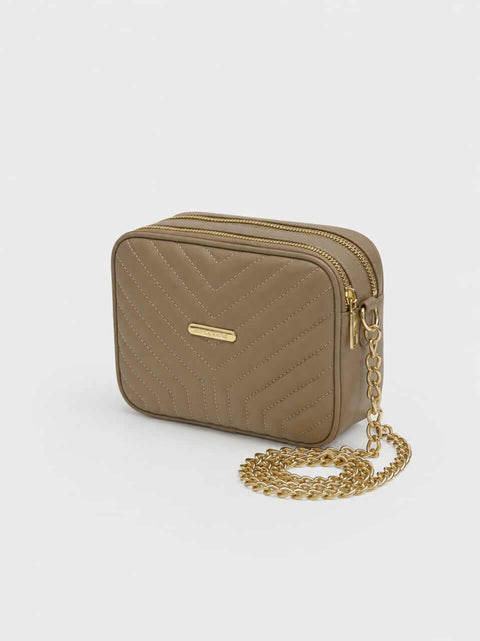 Quilted Crossbody Bag with Gold Chain Strap – Beige - ainfonline