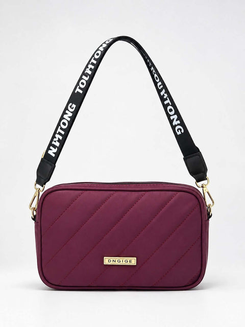 Quilted Square Crossbody Bag with Adjustable Logo Strap-Maroon - ainfonline