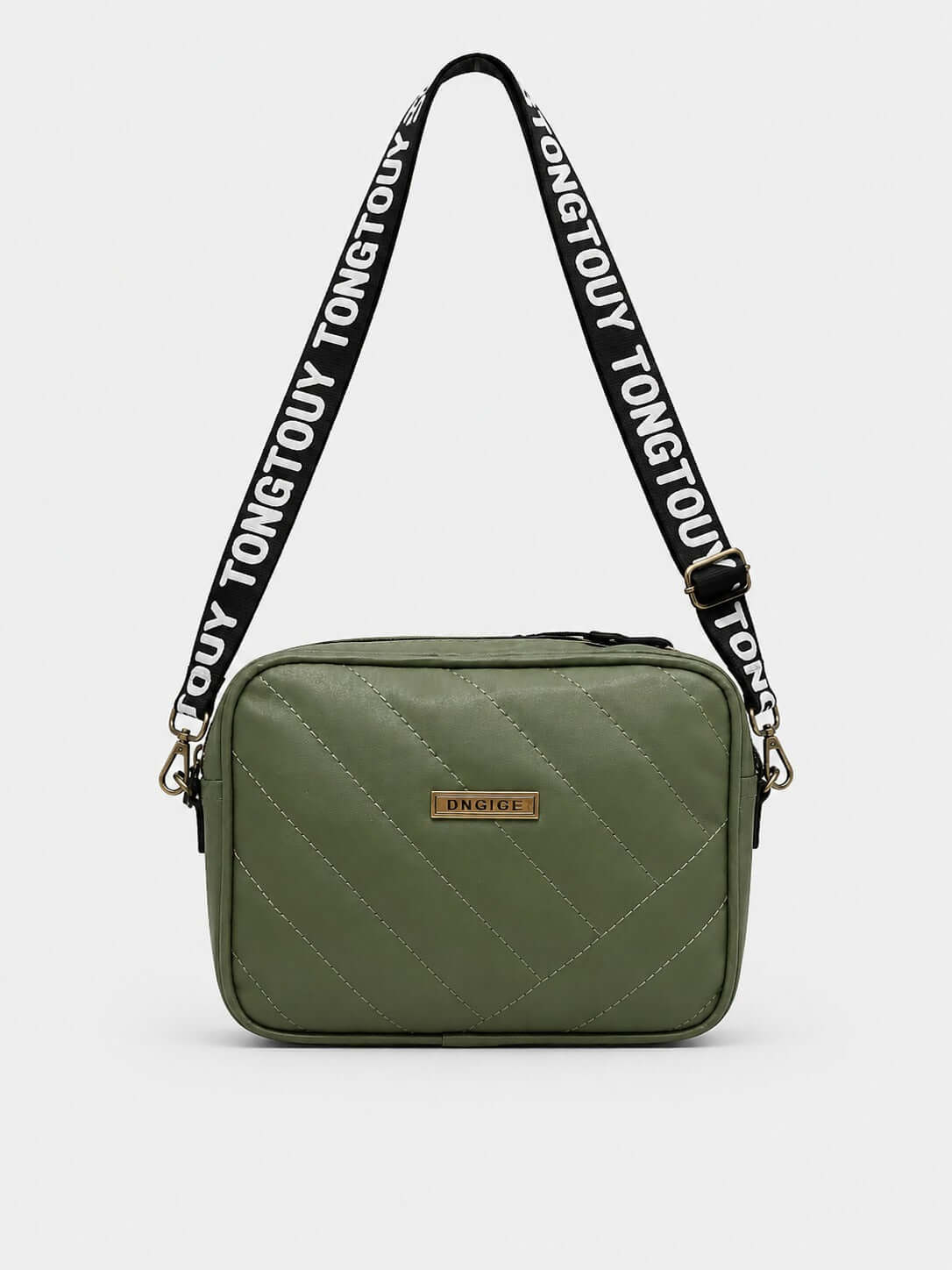 Quilted Square Crossbody Bag with Adjustable Logo Strap-olive - ainfonline