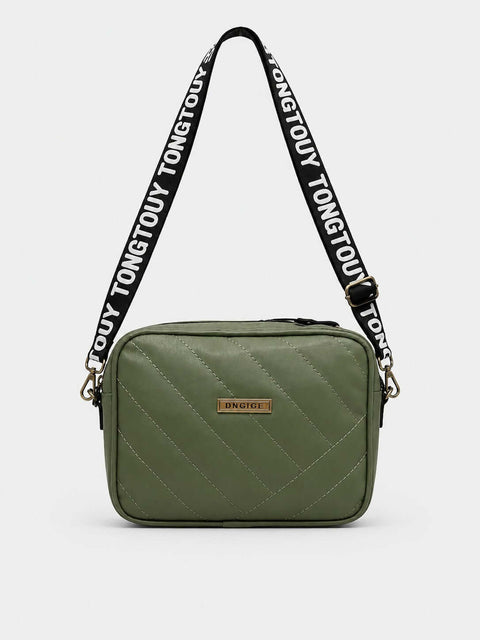 Quilted Square Crossbody Bag with Adjustable Logo Strap-olive - ainfonline