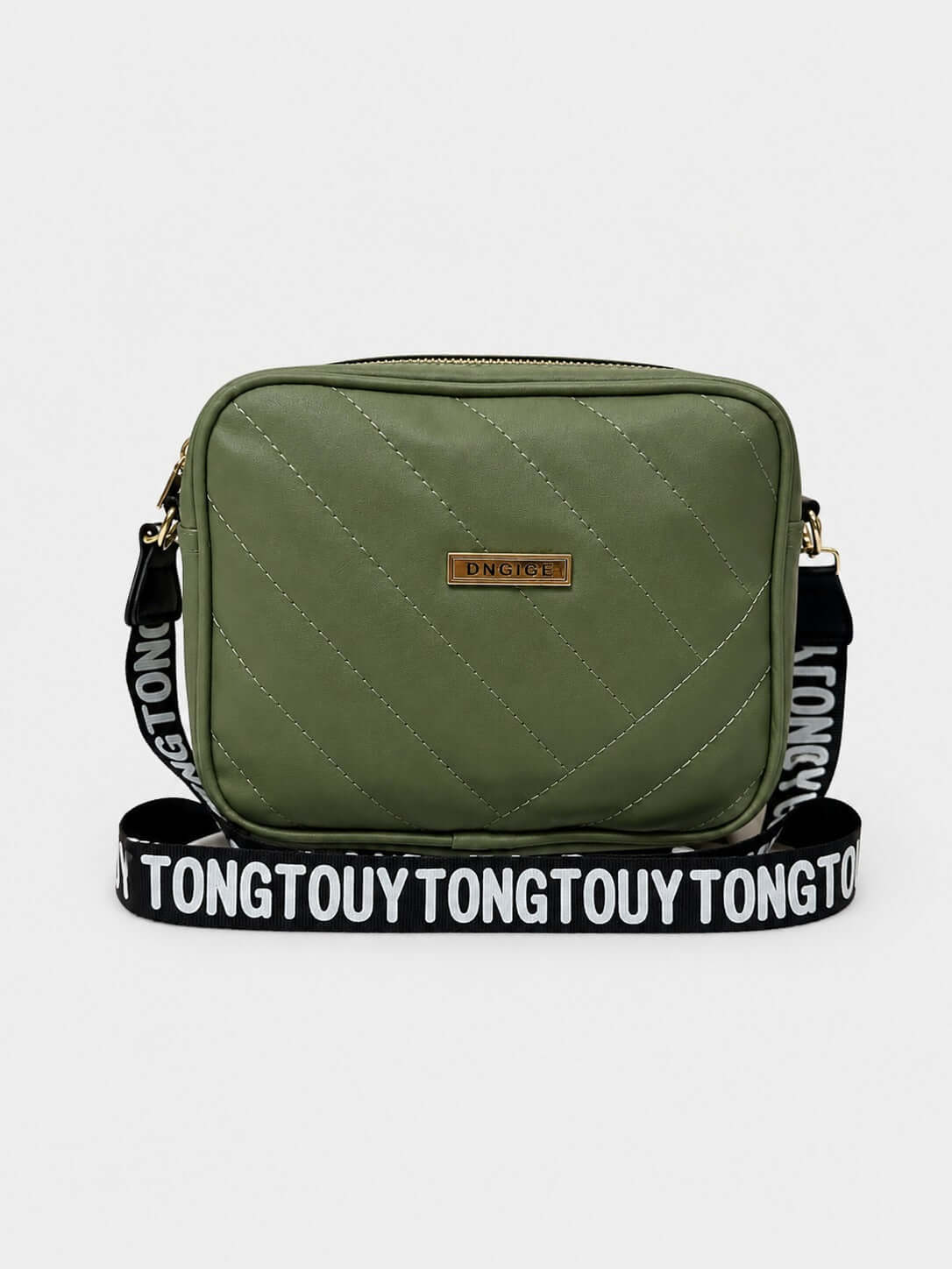 Quilted Square Crossbody Bag with Adjustable Logo Strap-olive - ainfonline