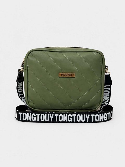 Quilted Square Crossbody Bag with Adjustable Logo Strap-olive - ainfonline