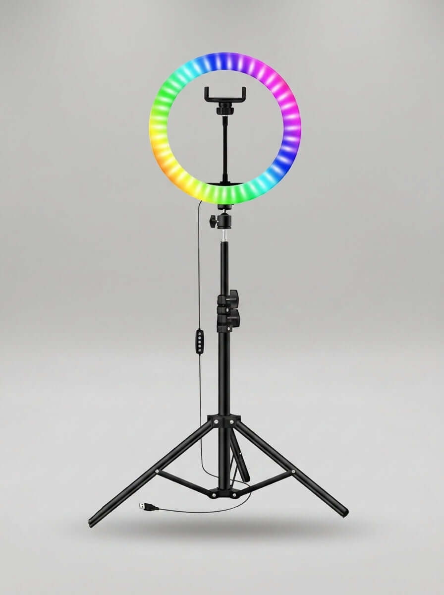 RGB LED Ring Light with Tripod Stand &amp; Phone Holder - ainfonline