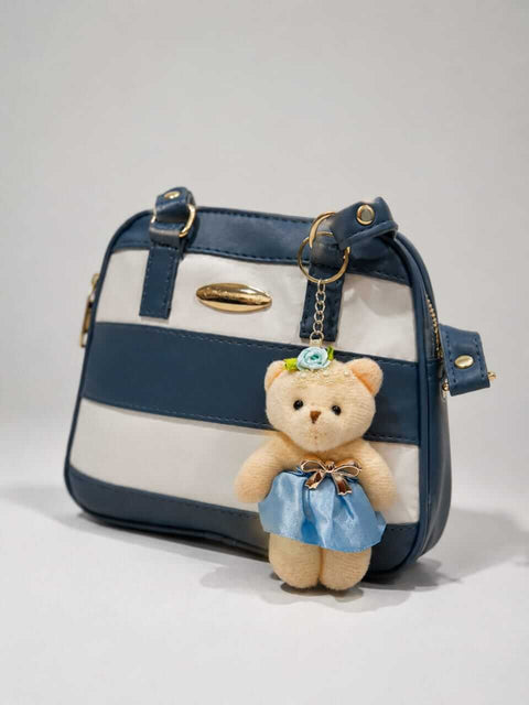 Stripe Design Bear Keychain Crossbody Bag – Blue - ainfonline