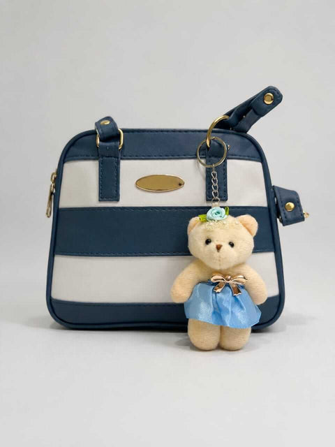 Stripe Design Bear Keychain Crossbody Bag – Blue - ainfonline