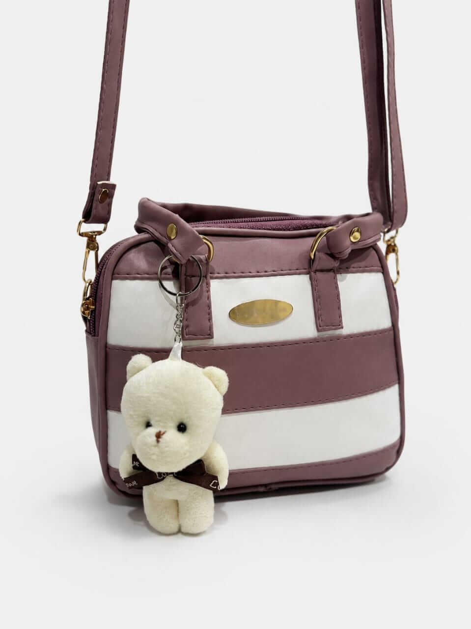 Stripe Design Bear Keychain Crossbody Bag – Pink - ainfonline